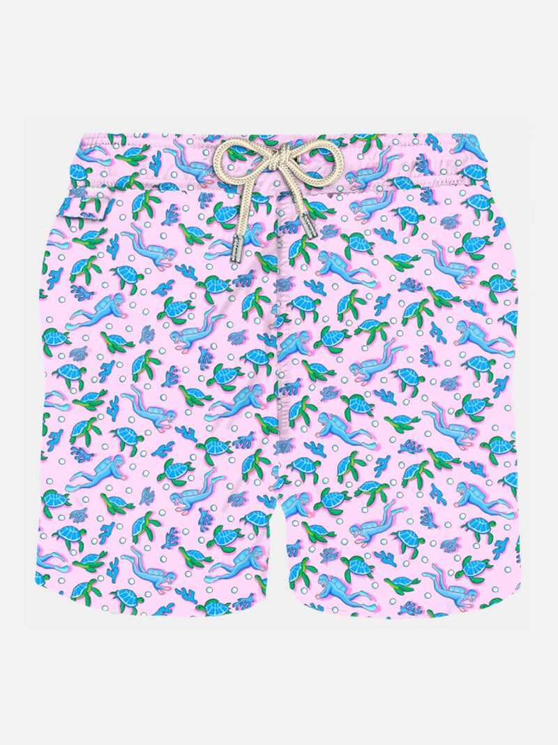 Man light fabric swim shorts with turtles and scuba divers print