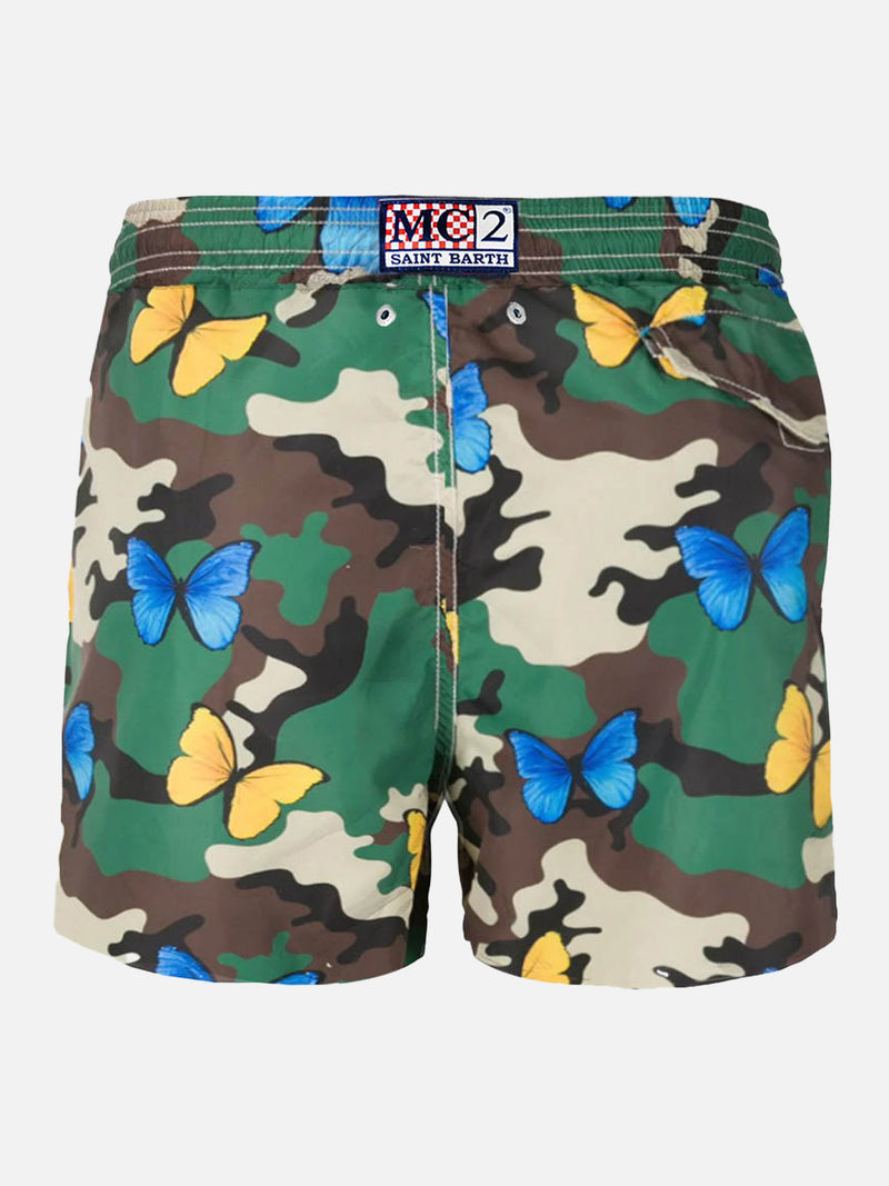 Light fabric man swim shorts butterfly and camouflage print