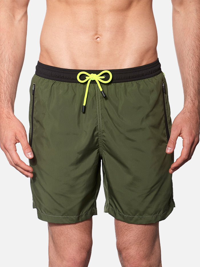 Military green light fabric zipped swim shorts