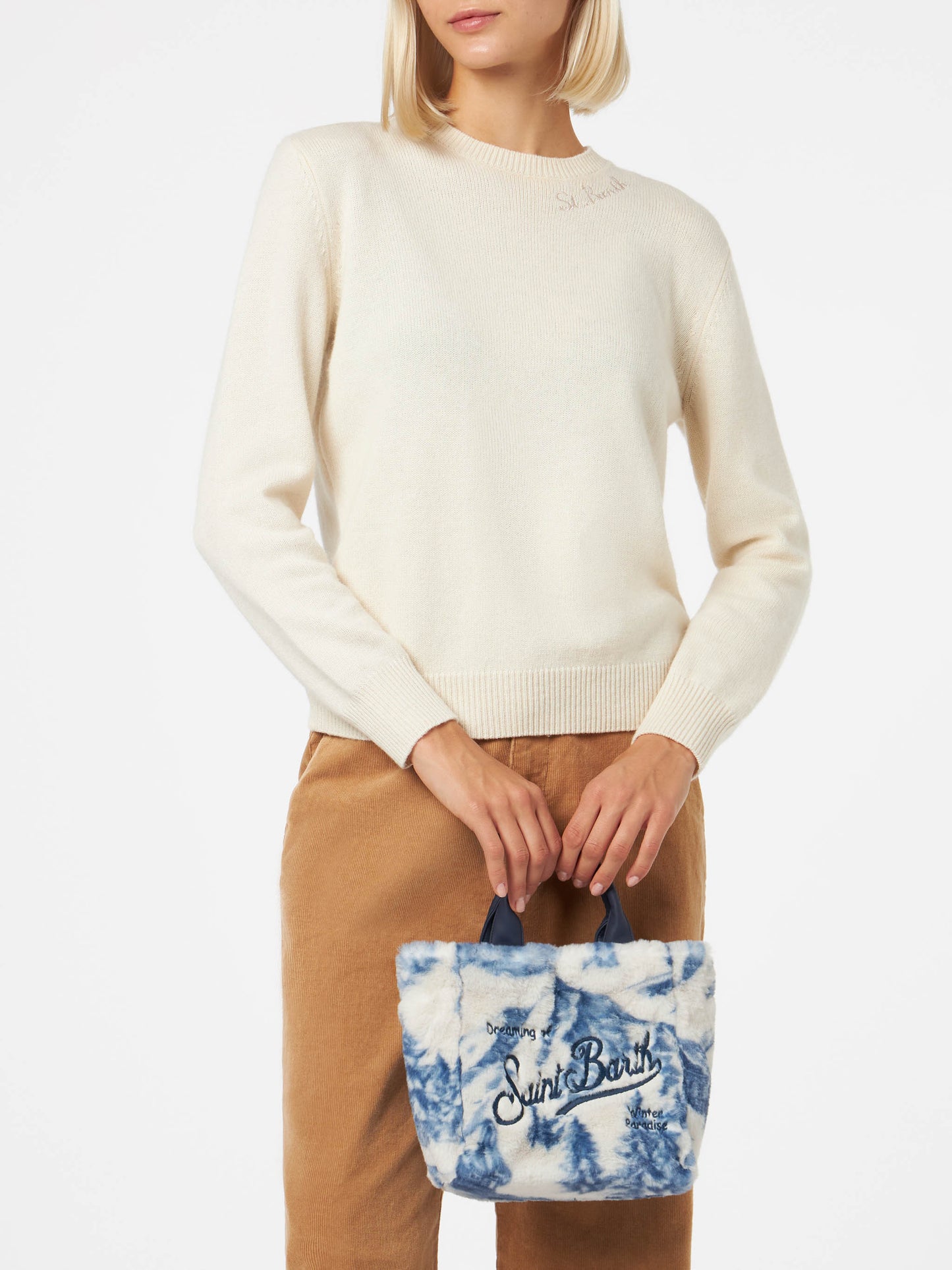 Borsa Mini Vanity morbida e pelosa con stampa toile de jouy