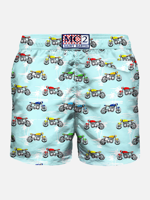 Light fabric swim shorts motorbike print