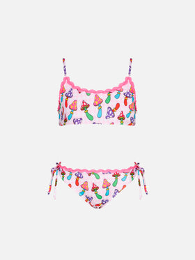 Bikini da bambina a bralette con stampa funghi
