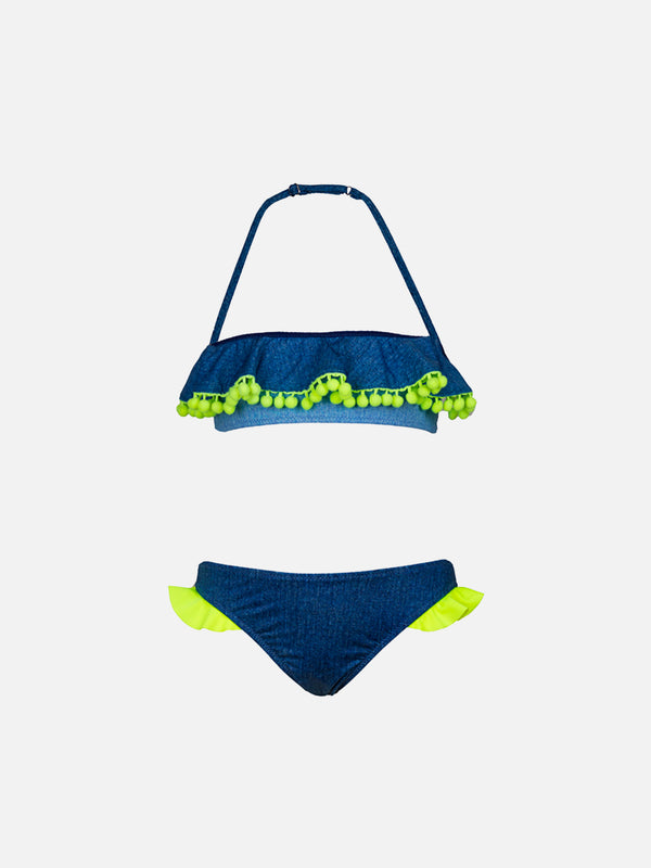 Bikini da bambina con pompon giallo fluo