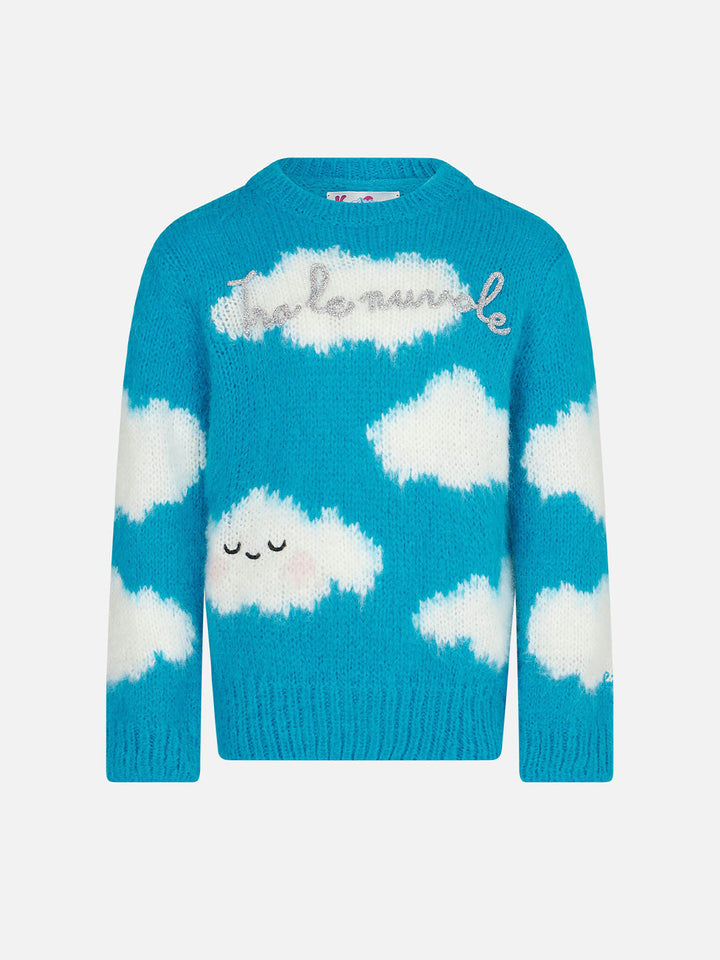 Maglione garzato da bambina con ricamo Tra le nuvole