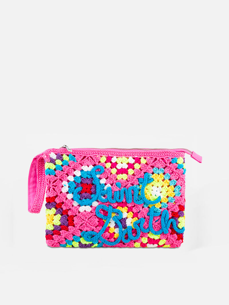 Rosa Parisienne-Häkelclutch mit Saint-Barth-Stickerei