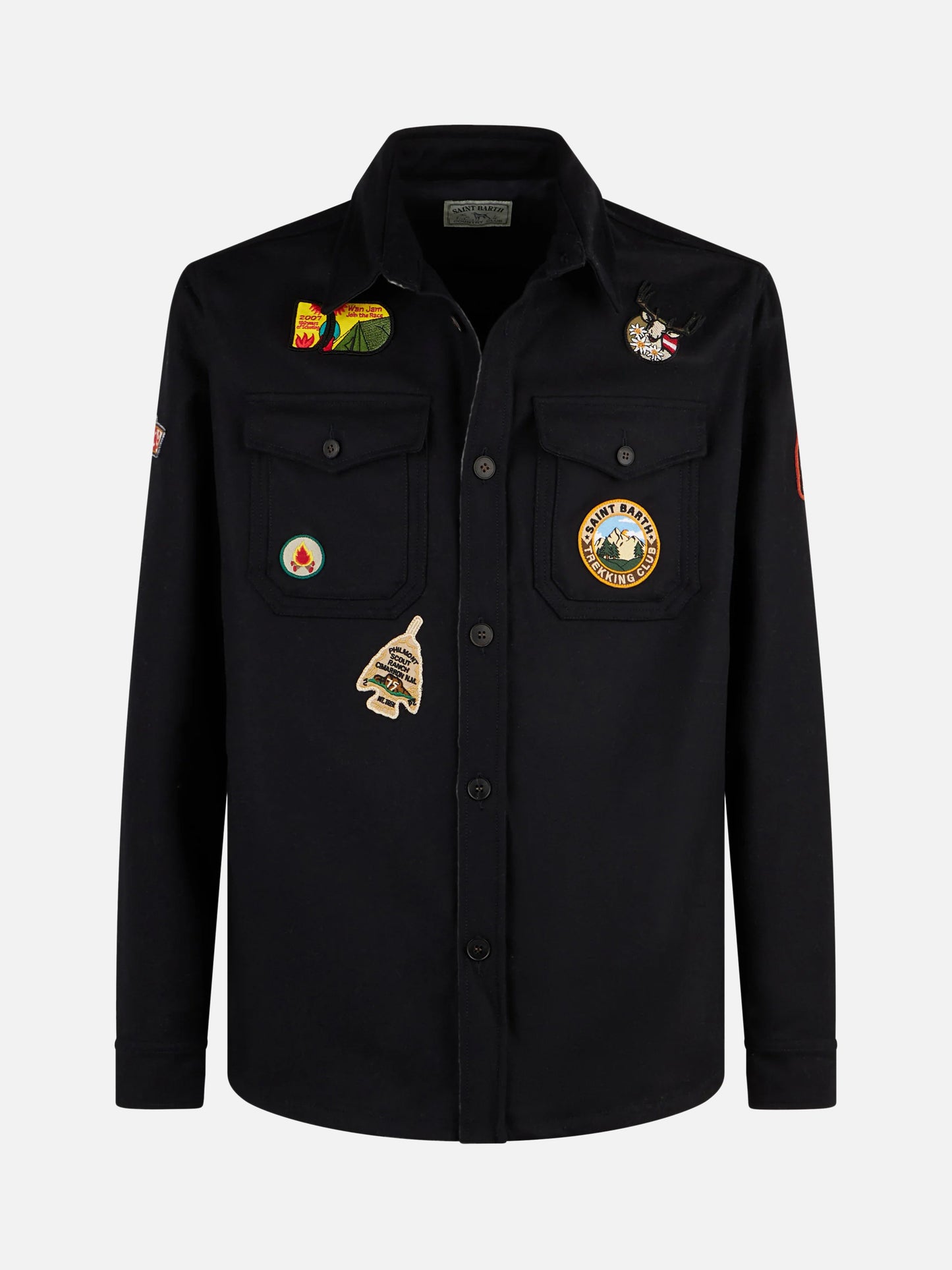 Man wooly blue overshirt with pockets and patches