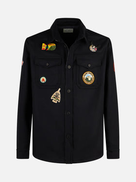 Man wooly blue overshirt with pockets and patches