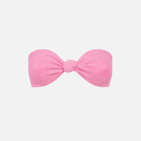 Woman pink crinkle bandeau top swimsuit with knot