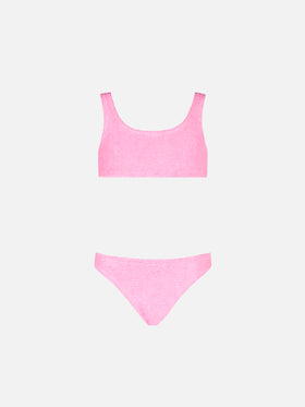Rosafarbener Bralette-Bikini für Mädchen in Knitteroptik