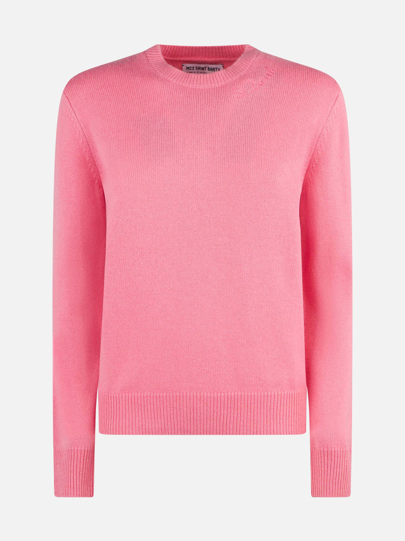 Maglione da donna girocollo rosa con ricamo St. Barth