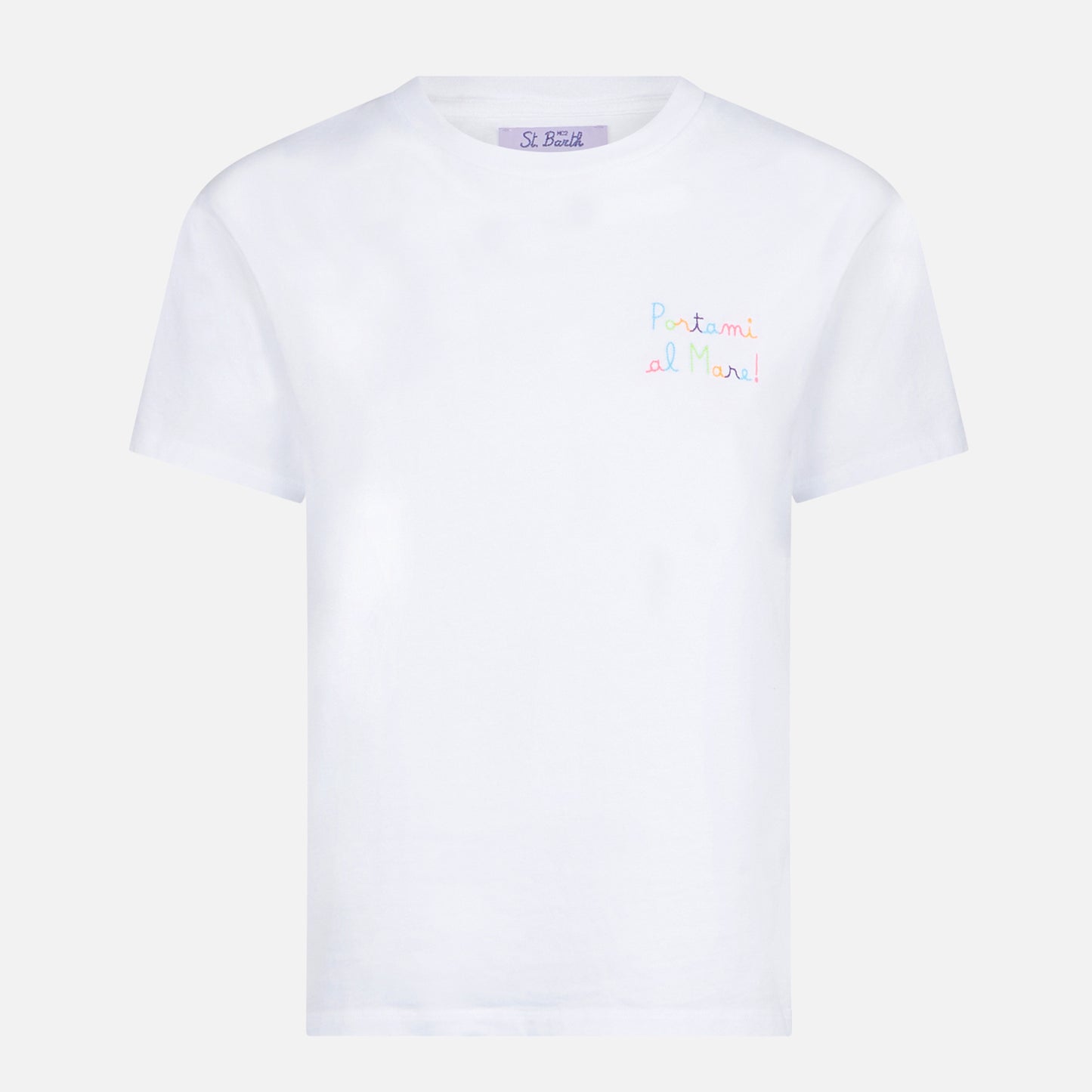 T-shirt da donna in cotone con ricamo Portami al mare!
