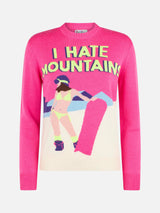 Damen-Rundhalspullover in Fluo-Rosa mit I-Hate-Mountains-Postkartendruck