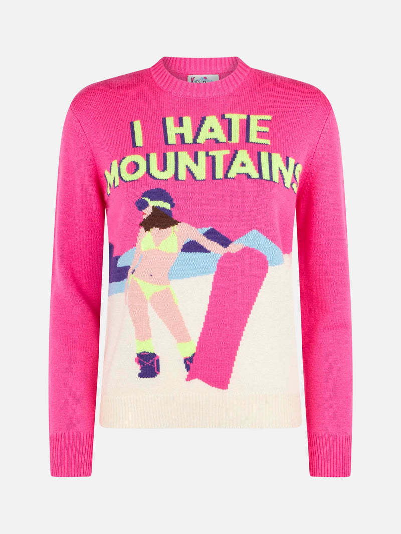 Damen-Rundhalspullover in Fluo-Rosa mit I-Hate-Mountains-Postkartendruck