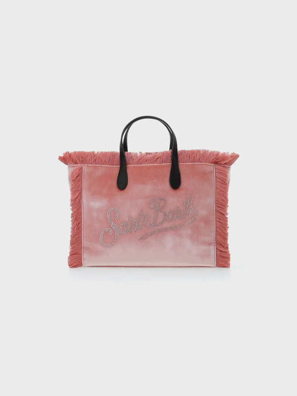 Pink velvet Colette handbag with rhinestones logo