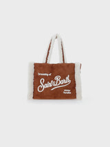 Camel mutton-like Soft Bag Small with Saint Barth logo and shoulder strap