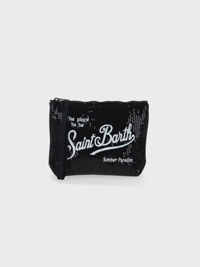 Schwarze Aline-Pochette mit Pailletten und aufgesticktem Logo