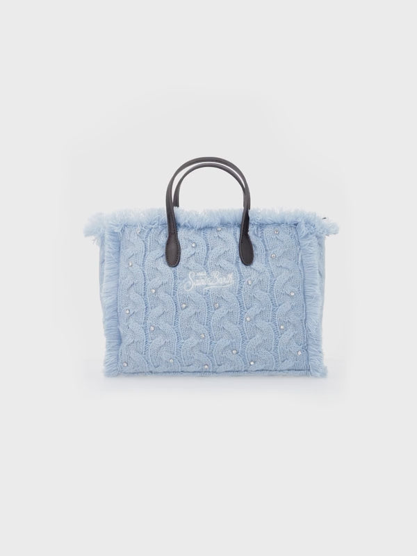 Light blue cable knit Colette handbag with rhinestones embellishment