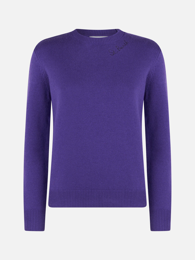 Woman crewneck purple sweater with St. Barth embroidery