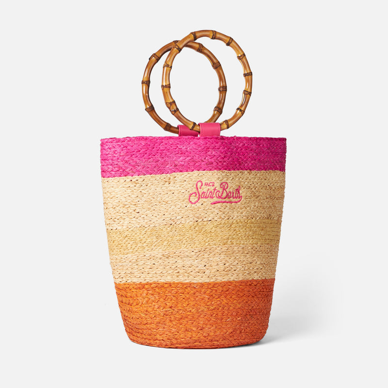 Raffia multicolor bucket bag with bamboo handles