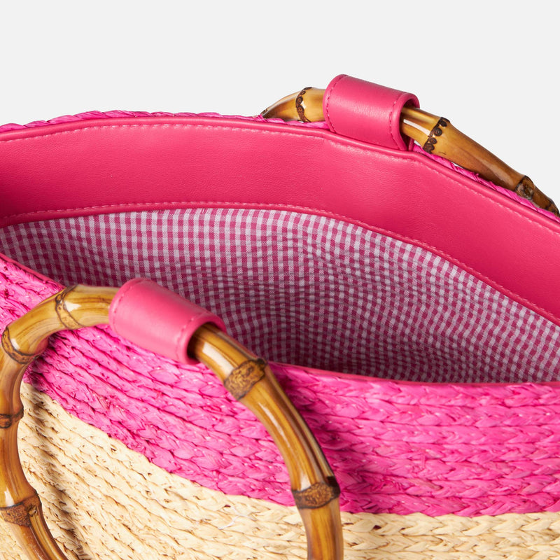 Raffia multicolor bucket bag with bamboo handles