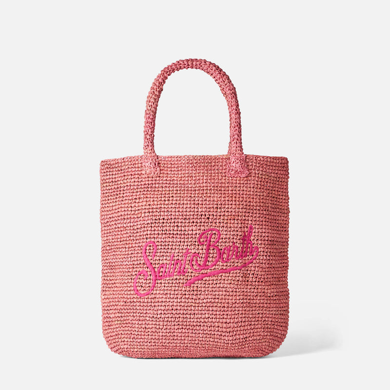 Raffia bucket pink bag with embroidery