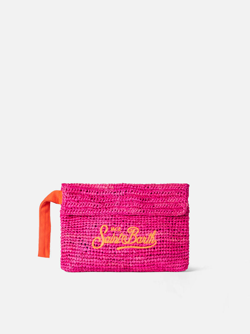 Raffia fuchsia pouch bag with Saint Barth embroidery