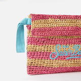 Raffia striped pouch bag with Saint Barth embroidery