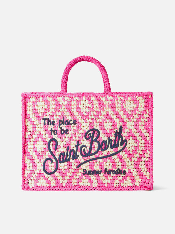 Vanity shoulder raffia bag with Saint Barth embroidery