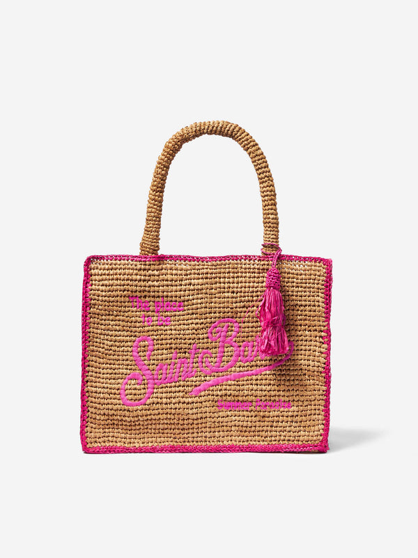 Borsa in rafia con ricamo frontale fucsia