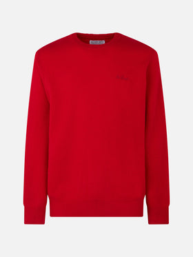Maglione da uomo girocollo rosso con ricamo St. Barth