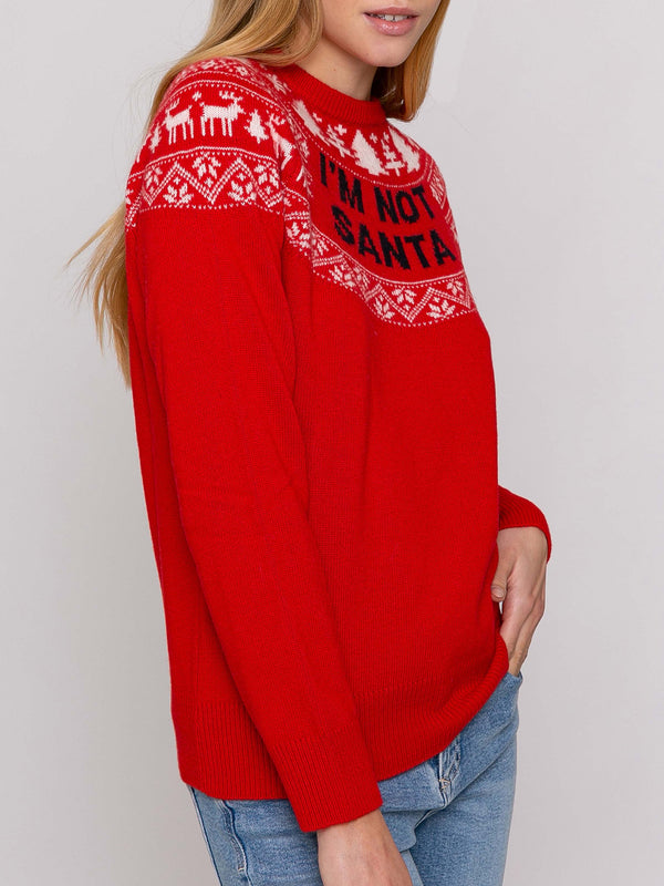 Woman crewneck red sweater with I'm not Santa print