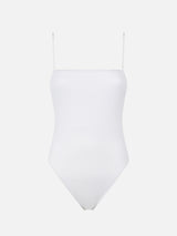 Woman white ribbed one piece swimsuit