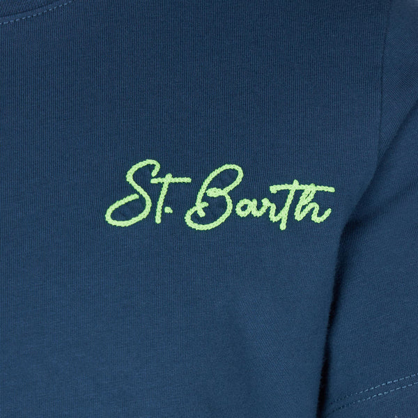 T-shirt blu da bambino in cotone con stampa St. Barth beach