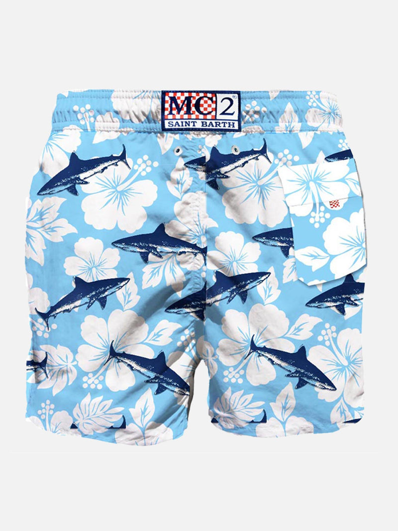 Mittellange Badeshorts mit Sharks-Samtdruck