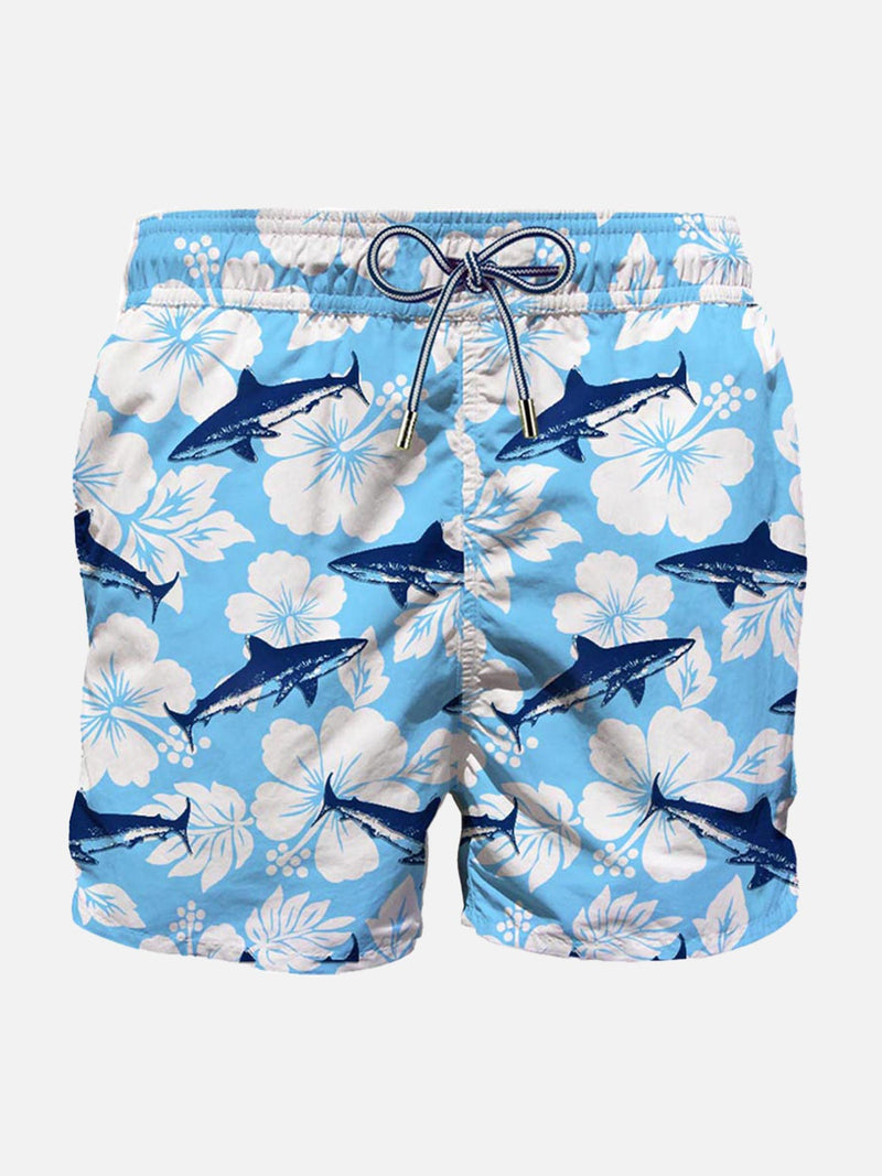 Mittellange Badeshorts mit Sharks-Samtdruck