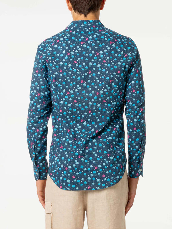 Man muslin cotton Sikelia shirt with jellyfish print