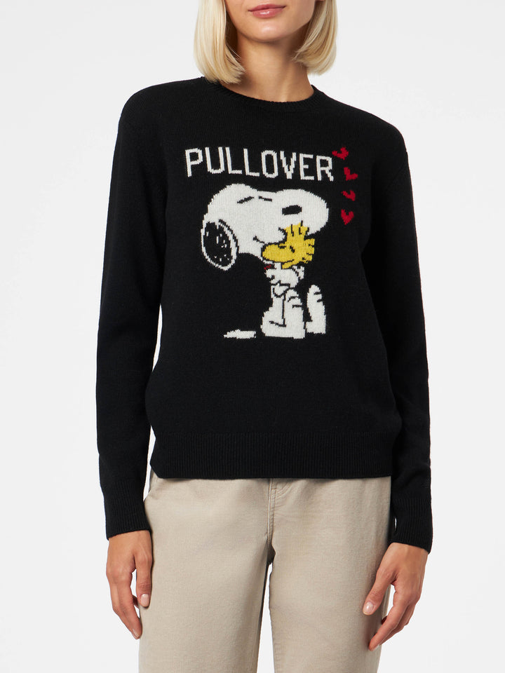 Schwarzer Damenpullover mit Rundhalsausschnitt und Snoopy- und Woodstock-Aufdruck | SNOOPY PEANUTS™ SONDEREDITION