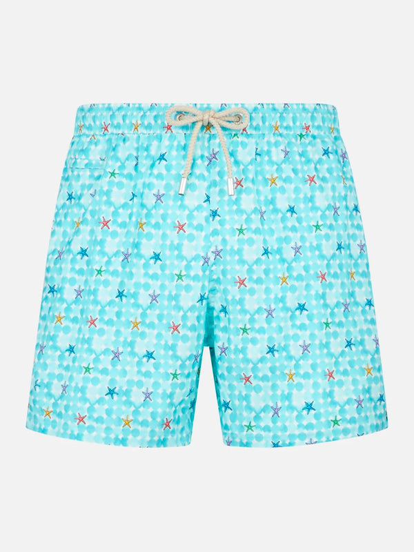 Man light fabric comfort swim shorts with sea star print