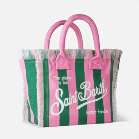 Vanity Canvas-Umhängetasche mit rosa und grünen Streifen