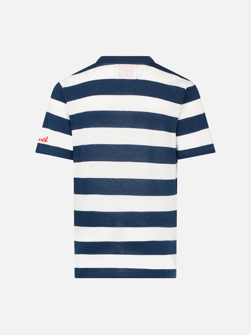 T-shirt da bambino a righe blu con ricamo St. Barth