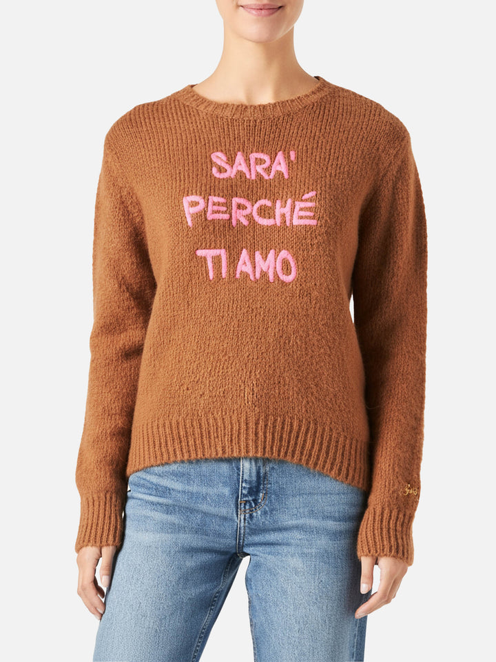 Woman brown brushed sweater with embroidery
