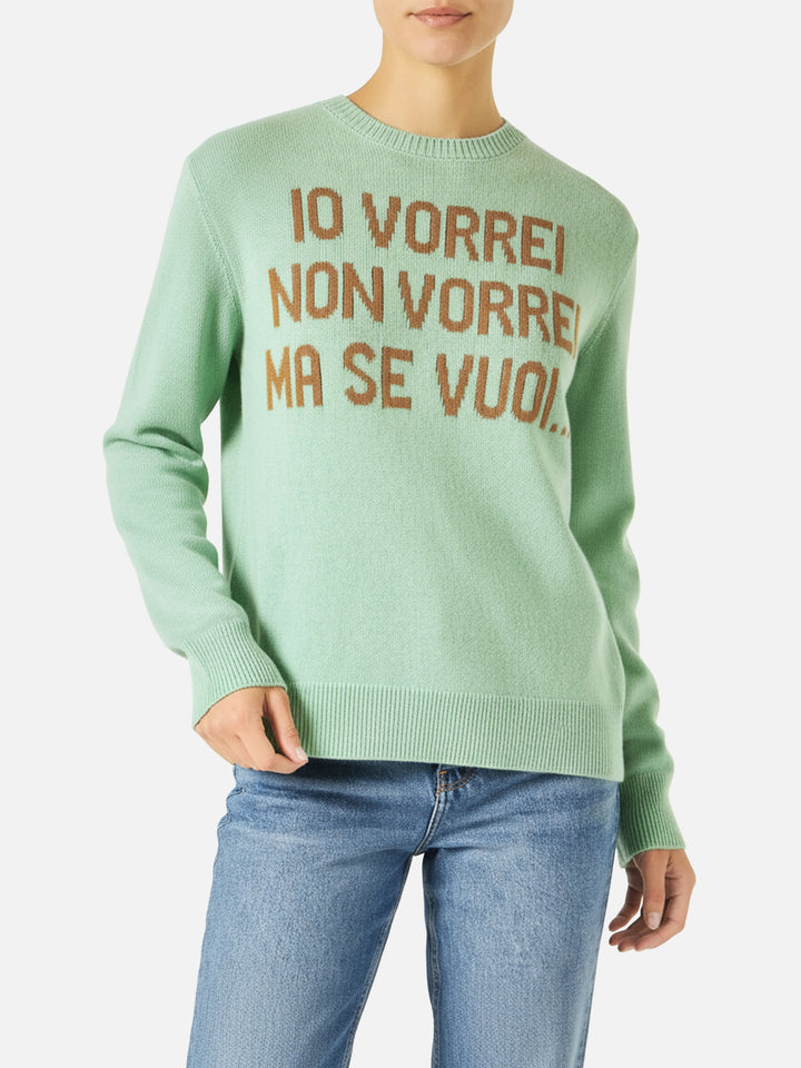 Woman green sweater with jacquard Vorrei non vorrei