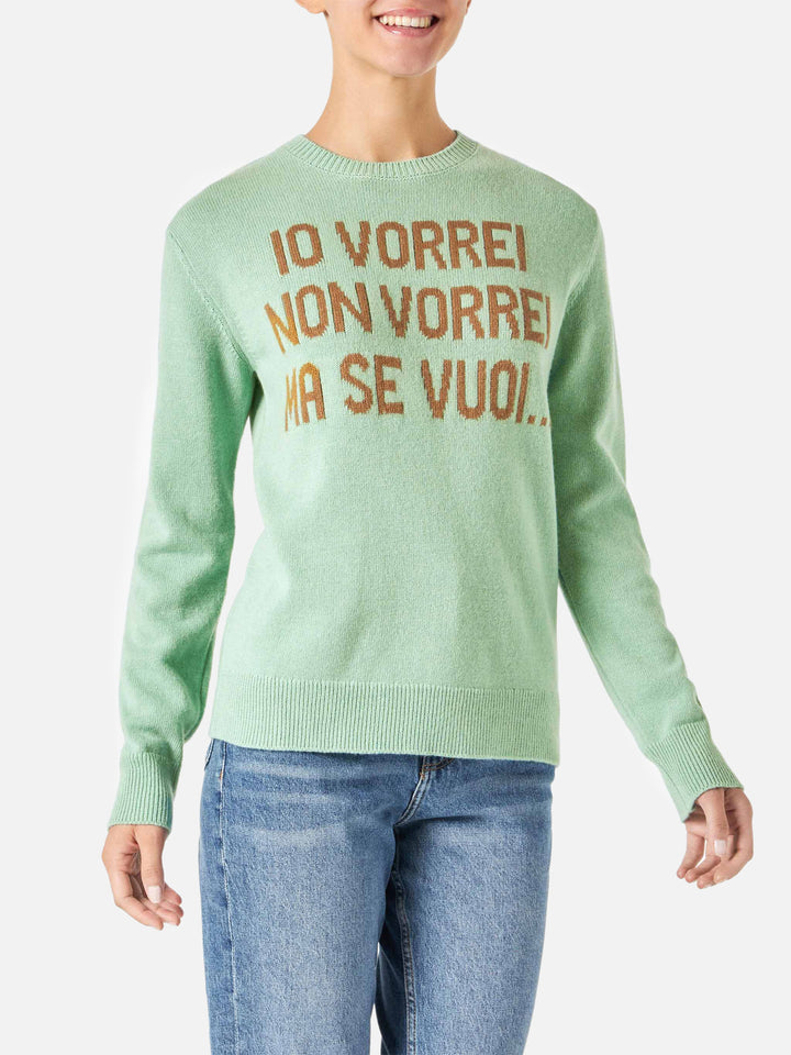 Woman green sweater with jacquard Vorrei non vorrei