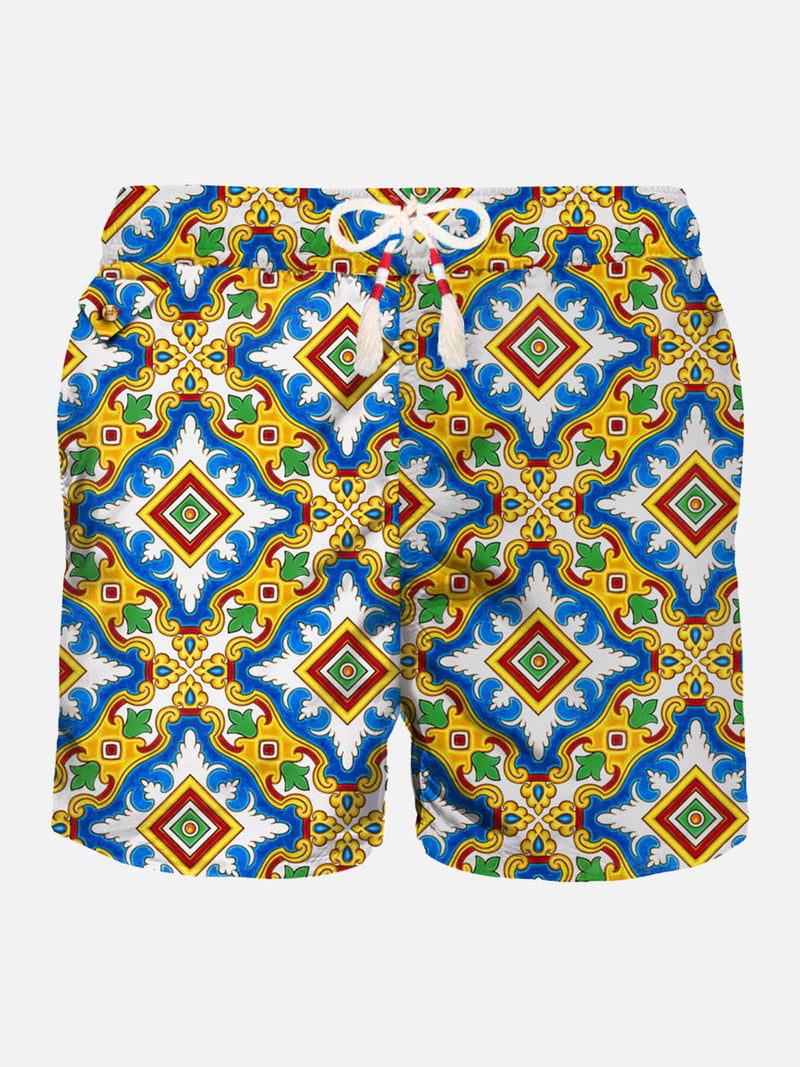 Herren-Badeshorts aus leichtem Stoff mit Majolika-Print