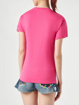 T-shirt da donna fucsia in cotone con ricamo