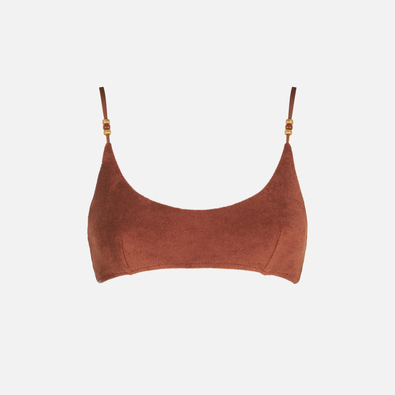 Brauner Frottee-Bralette-Badeanzug für Damen mit Anhängern