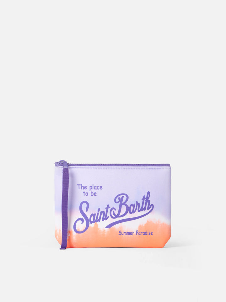 Aline Scuba-Pochette mit lila und orangefarbenem Aufdruck