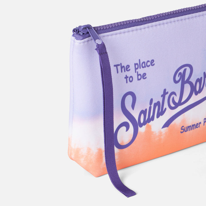 Aline Scuba-Pochette mit lila und orangefarbenem Aufdruck