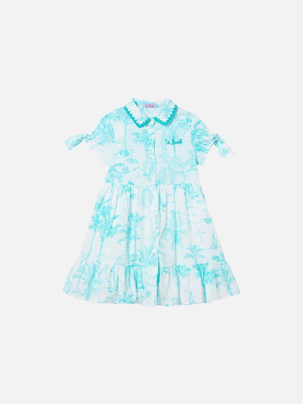 Abito da bambina con fantasia toile de jouy verde acqua