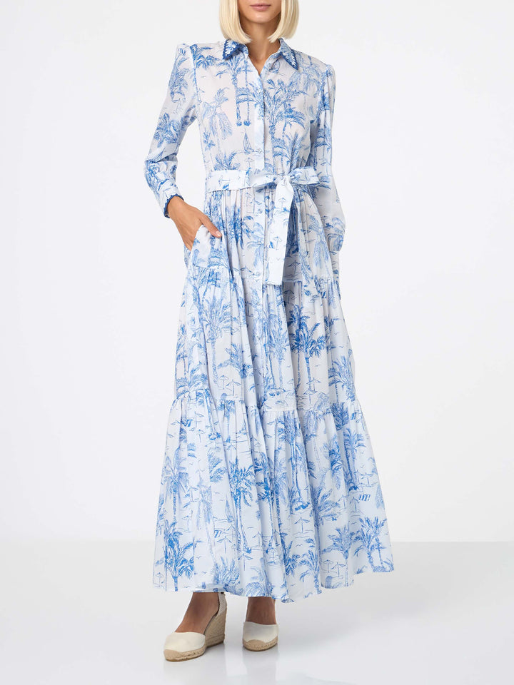 Langes Damenkleid mit Toile-de-Jouy-Print
